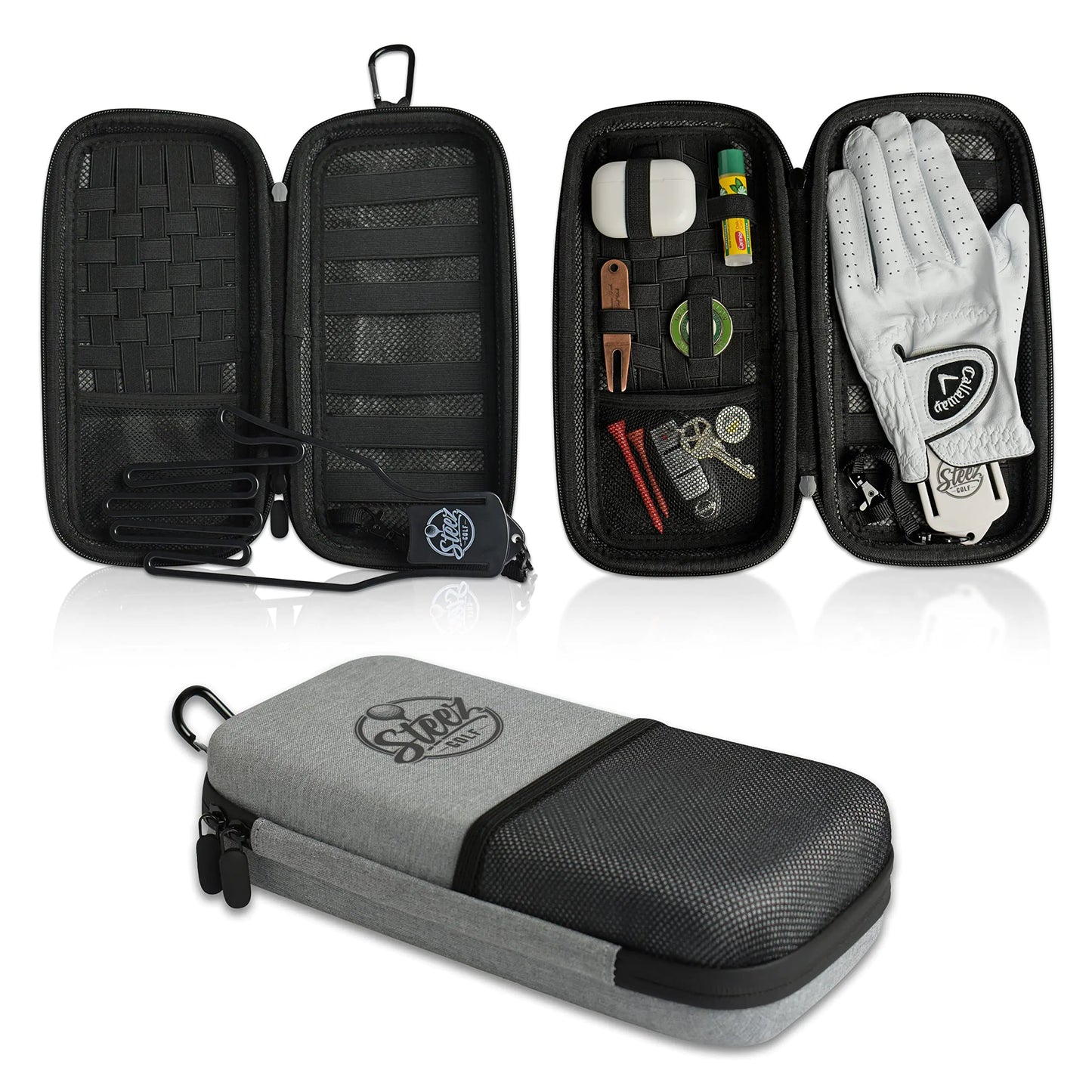 Steez Golf Accessory Case - Golf Bag Organizer. Airtight Water-Resistant Protective Hard Case for Phone Tees Ball Markers Repair Tools and Golf Essentials. Removable Golf Glove Hanger/Dryer