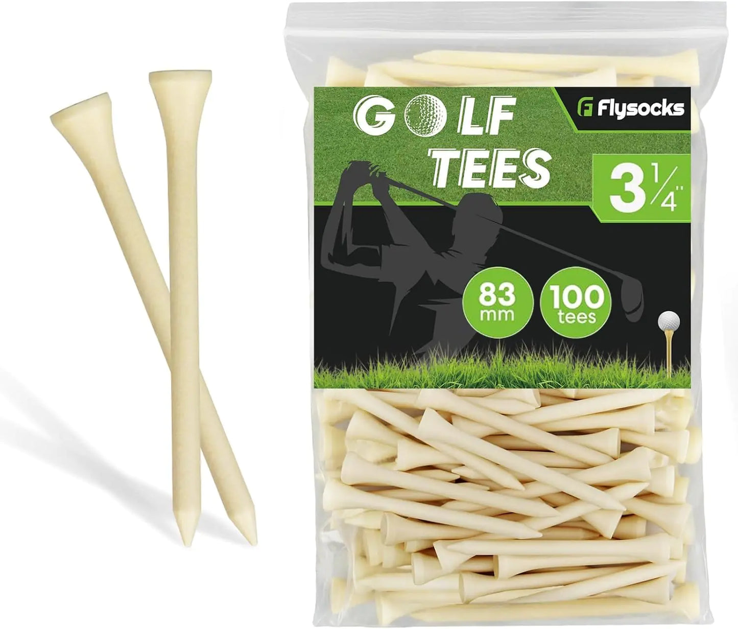 Flysocks Golf Tees Professional Natural Bamboo/Wood Golf Tees Pack of 100 Golf Tees 3 1/4 inch Tall Golf Tees Bulk Reduce Side Spin and Friction