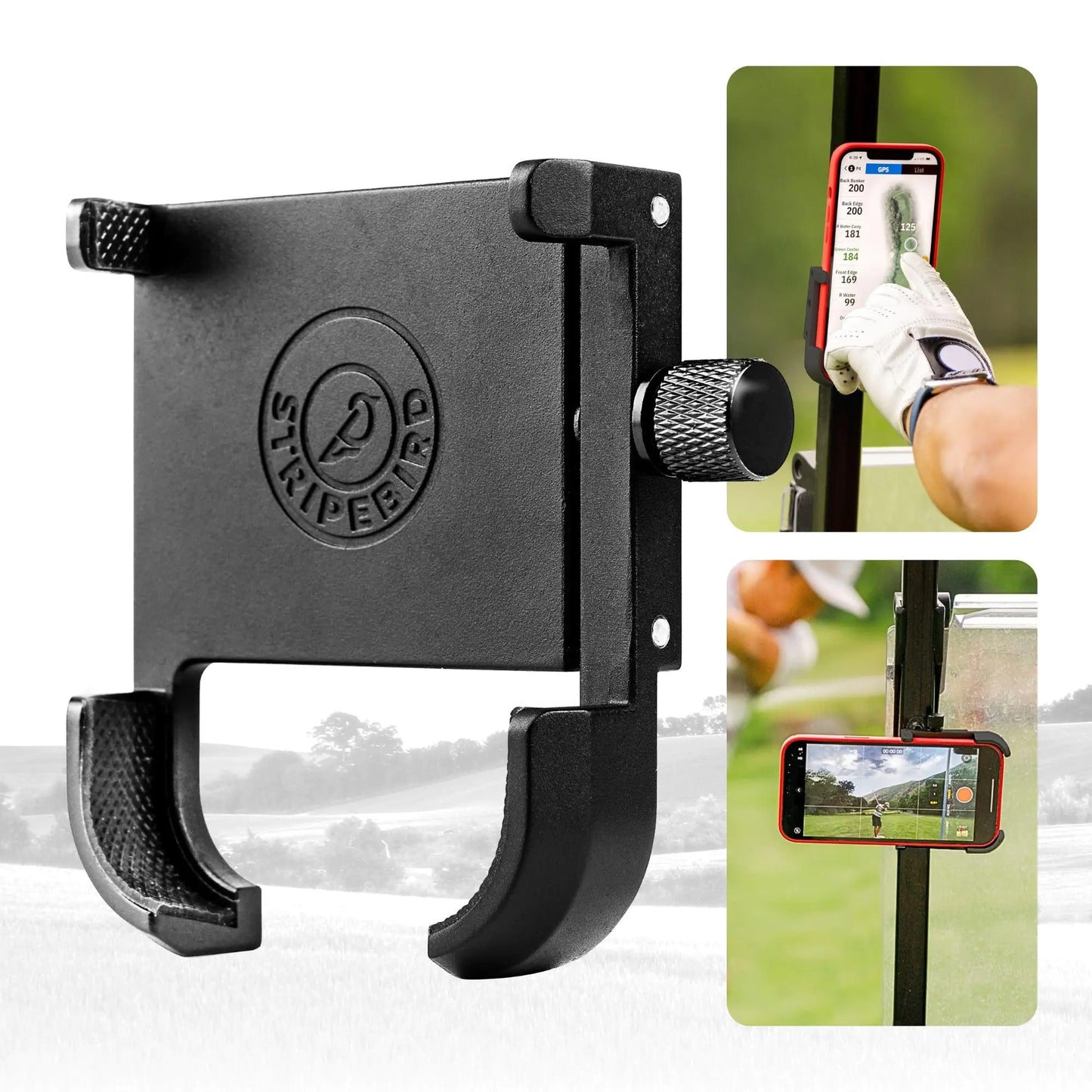 Stripebird - Original Magnetic Golf Cart Phone Holder (Black) - Cell Phone Holder Golf Cart with Neodymium N52 Magnets - Golf Caddy - Golf Cart Phone Mount for iPhone Samsung & Others