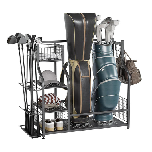 KUAFU Golf Bag Storage Garage Organizer Extra Large Golf Bag Stand Fit for 2 Golf Bags Golf Balls and Other Golfing Equipment Rack Steel Golf Bag Club Storage Rack for Garage Shed and Basement