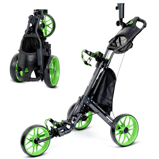 Druids 3 Wheel Golf Club Caddy Cart : Easy Fold Pushing Golf cart Adjustable Walker Trolley Golf Cart Pull Type Golf Caddie with Cup Umbrella Holder Cooler Green