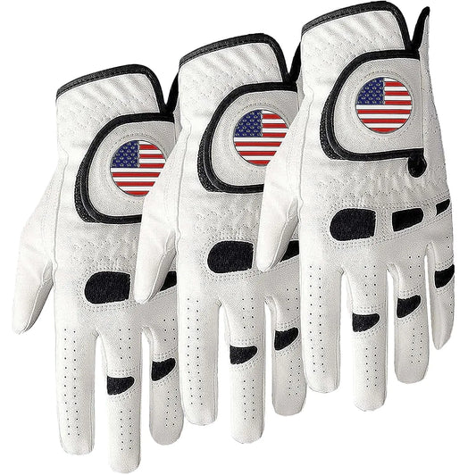 Golf Gloves Men Left Hand Right Handed Golfer 3 Pack with Ball Marker Soft Leather Weathersof Grip Mens Glove Size S M ML L XL XXL 3XL (3 Pack-White Small Worn on Left Hand(Right Handed Golfer))
