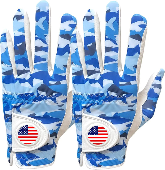 Golf Gloves Men Right Handed Golfer Left Hand with Ball Marker 2 Pack Leather Breathable Comfortable Weathersof Grip Size Small Medium ML Large XL (Blue&Camouflage Large(Worn on Left Hand))