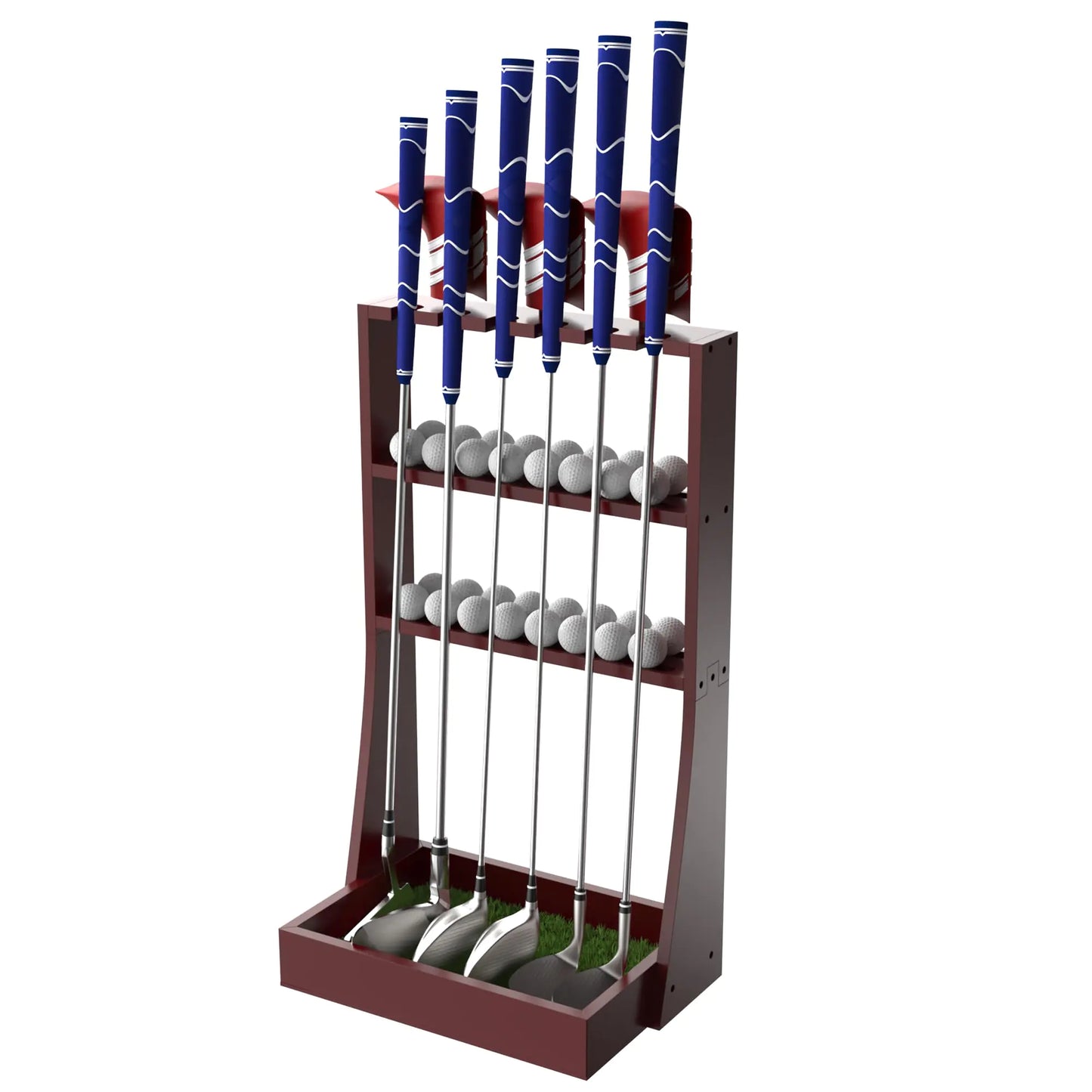 Golf Club Holder Golf Putter Stand for 36 Balls Tray Storage & 6 Clubs & 3 Golf Head Covers Golf Club Stand Display Rack for Home Indoor Outdoor Golf Club Organizer for Club Simulator (Red-brown)