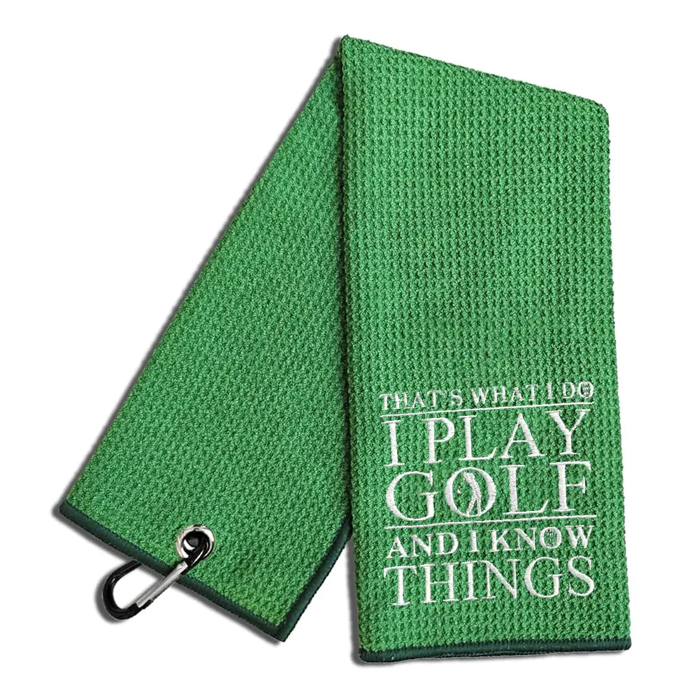 WUUCKOO Thats What I Do I Play Golf and I Know Things Embroidered Green Golf Towel Funny Golf Towel for Golf Bag with Clip Thanksgiving Birthday Retirement Gift for Grandpa Dad Golfer Golf Lover
