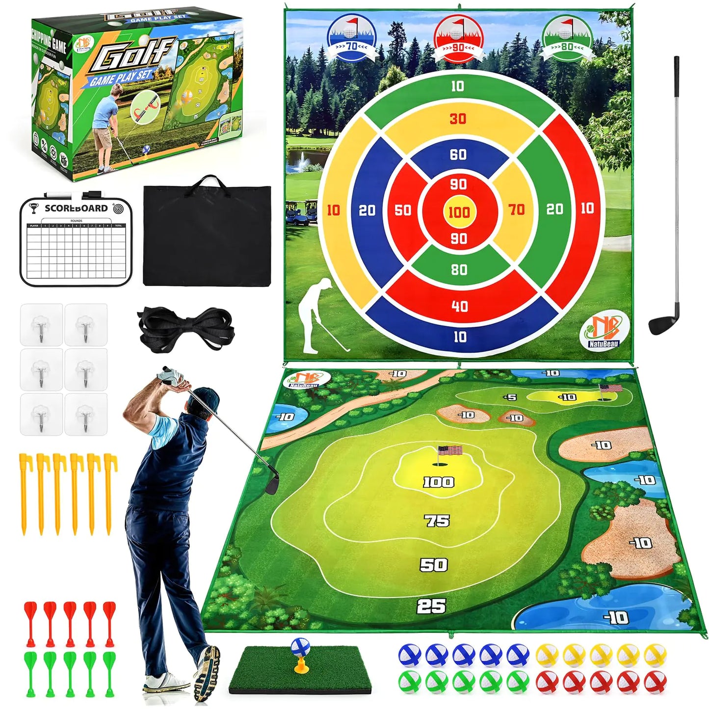 Natubeau Golf Chipping Game with Golf Hitting Mat and Club 70"x70" Double Sided Golf Practice Mat & Dart Board Mat Golf Games for Adults Outdoor Indoor Golf Training Mat Kit Adults Family Yard Game
