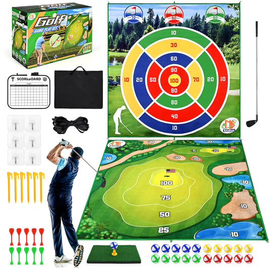 Natubeau Golf Chipping Game with Golf Hitting Mat and Club 70"x70" Double Sided Golf Practice Mat & Dart Board Mat Golf Games for Adults Outdoor Indoor Golf Training Mat Kit Adults Family Yard Game