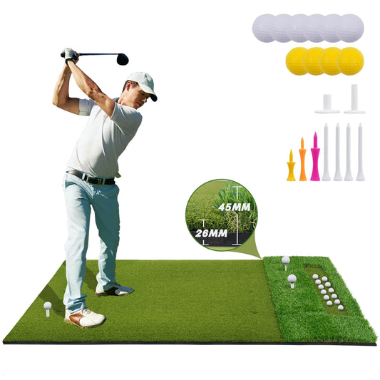 LotFun 5x4ft Dual-Turf Golf Mat with Embedded Ball Tray Thicken Golf Hitting Mat Golf Practice Mat with 9 Golf Balls 9 Golf Tee for Hitting Driving Chipping Swing in Backyard Garage or Basement