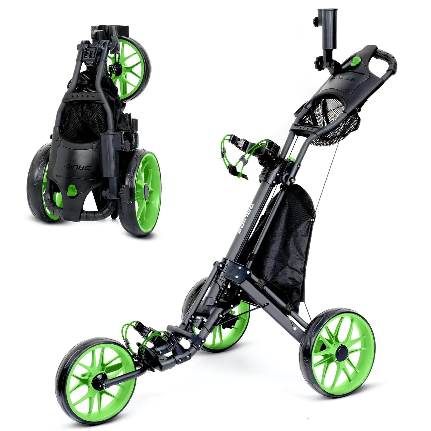 Druids 3 Wheel Golf Club Caddy Cart : Easy Fold Pushing Golf cart Adjustable Walker Trolley Golf Cart Pull Type Golf Caddie with Cup Umbrella Holder Cooler Green