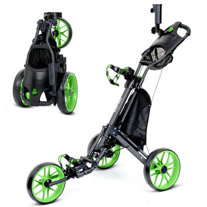 Druids 3 Wheel Golf Club Caddy Cart : Easy Fold Pushing Golf cart Adjustable Walker Trolley Golf Cart Pull Type Golf Caddie with Cup Umbrella Holder Cooler Green